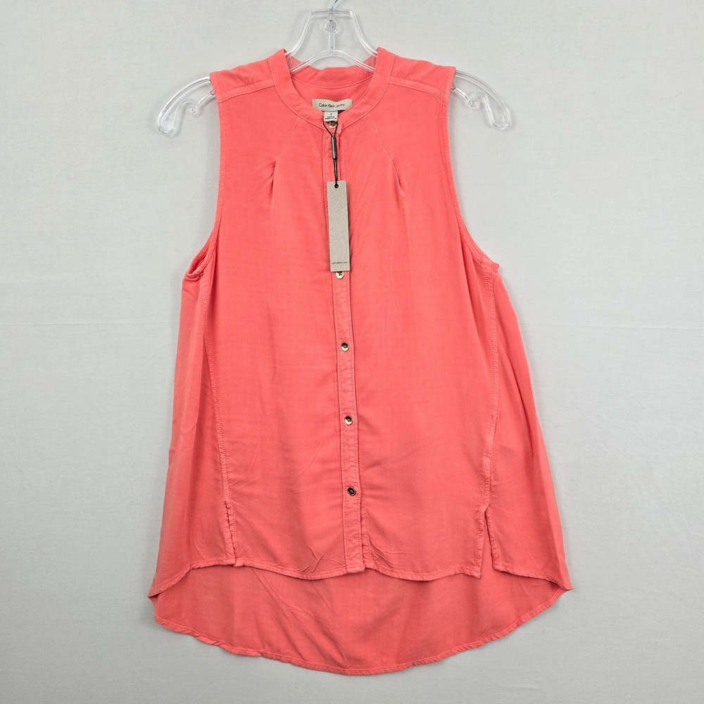 Calvin Klein Sleeveless‎ Button Front Hi-Low Pink Women Top S New